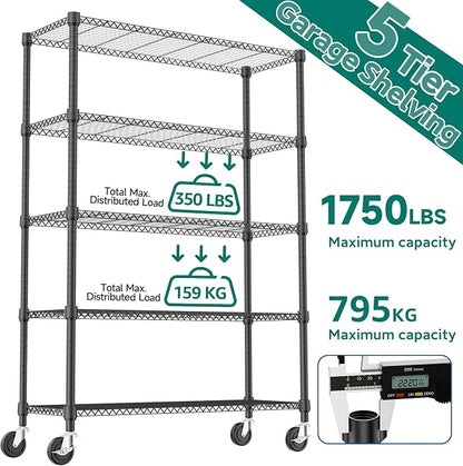 M MZG 1750LBS 47.2" W 5 Tiers Storage Shelves Metal Shelving Unit with Wheels Heavy Duty Garage Shelving Adjustable Wire Shelves for Pantry,Kitchen,Garage,Basement,Black 17.7" D x 47.2" W x 76.8" H