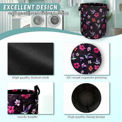 Beautiful Hummingbird Hibiscus Flower Laundry Basket Foldable With Handles Tote Bag Oxford Cloth Colorful Laundry Hamper Clothes Storage Bucket For Bathroom/Laundry/Bedroom 18.9" x 16.5 "