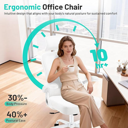 Office Chair - Ergonomic Desk Chair Breathable Mesh Chair with 2D Headrest & Adjustable Lumbar Support - Executive High Back Rolling Swivel Computer Gaming Chair with Wheels Flip-up Armrests