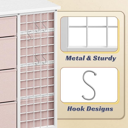 EnHomee 24 Drawers Dresser for Bedroom, Dressers & Chests of Drawers with 4 Wheels and 40“ * 23” Wide Wooden Top, Metal Frame, Organizer Island with Hooks for Bedroom, Cloakroom, Dressing Room, Pink