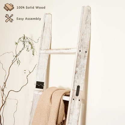 Blanket Ladder for The Living Room 6-Tier, Wooden Decorative Quilt Holder for Bed Room, Wall-Leaning Towel Rack for Bathroom，Rustic Farmhouse Ladders for Display. (White Wash)