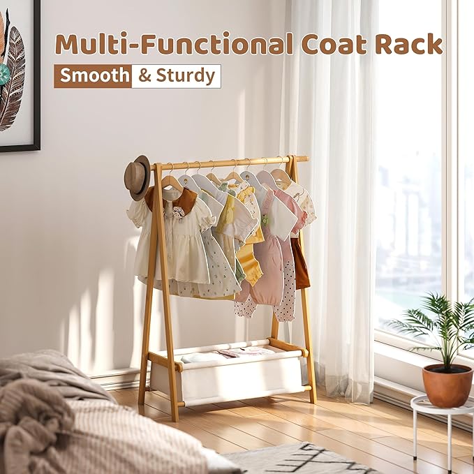 FILWH Bamboo Clothes Rack with Storage Box Foldable Garment Holder Coat Rack Freestanding Coat Stand Child Clothing Stand for Hanging Coat Dress up Racks (Natural, Small)