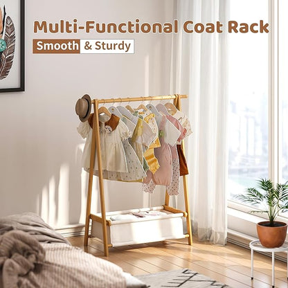 FILWH Bamboo Clothes Rack with Storage Box Foldable Garment Holder Coat Rack Freestanding Coat Stand Child Clothing Stand for Hanging Coat Dress up Racks (Natural, Small)