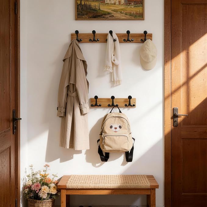 SKOLOO 24-Inch Wood Coat Rack Wall Mount with 5 Triple Hooks - Ideal for Family Entrances, Classrooms, and Pet Supplies Storage - Perfect Coat Hooks for Wall, Black on Natural