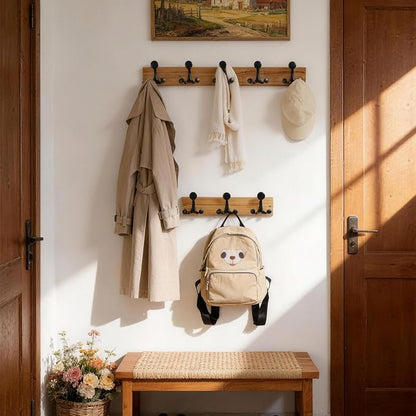 SKOLOO 24-Inch Wood Coat Rack Wall Mount with 5 Triple Hooks - Ideal for Family Entrances, Classrooms, and Pet Supplies Storage - Perfect Coat Hooks for Wall, Black on Natural