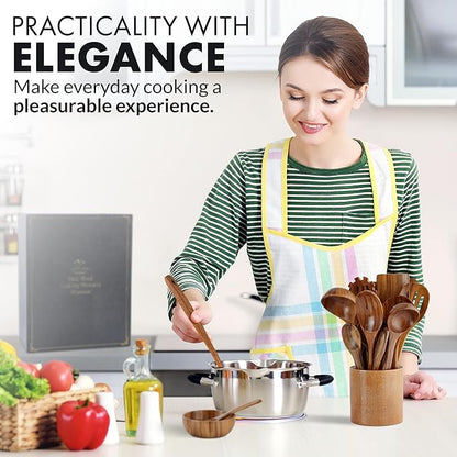 Zulay Kitchen 30-Piece Teak Wooden Utensils - Natural Teak Cooking Utensils with Premium Gift Box - Non-Stick Wooden Spoons - Kitchen Gift Set - Comfortable Grip