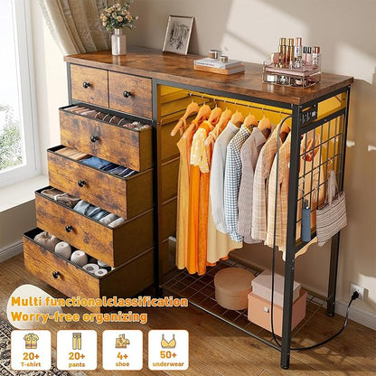 EnHomee 49.2" W Dresser with Hanging Rack & 6 Fabric Drawers – Wooden Top Organize Unit Featuring LED Lights, Charging Station & Grid Panel & Hooks for Bedroom, Rustic Brown