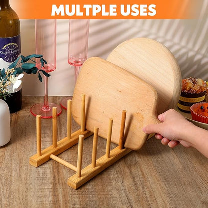 8 Pcs Bamboo Plate Holder & Wooden Dish Rack Organizer, 11.6x4.7x3.9 Inch Bamboo Wooden Dish Rack for Plates, Bowls, Cutting Boards & Kitchen Cabinet Storage