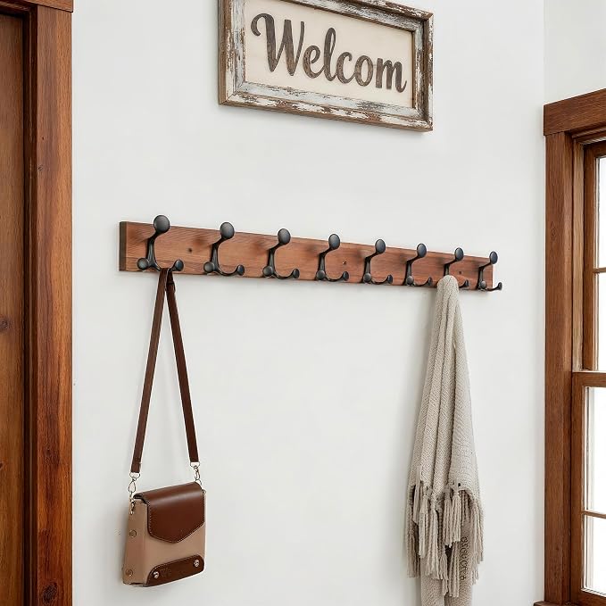 SKOLOO 43-Inch Wood Coat Rack Wall Mount with 8 Triple Hooks - Ideal for Family Entrances, Classrooms, and Pet Supplies Storage - Perfect Coat Hooks for Wall,Charred Golden Brown, Pack of 2