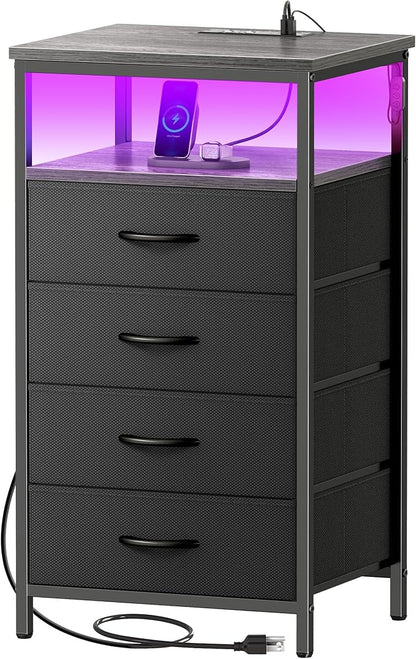 Huuger Night Stand with Charger Station and LED Lights, 4 Drawer Nightstand, Bed Side Table with Open Shelf, End Table, Fabric Dresser for Bedroom, Grey