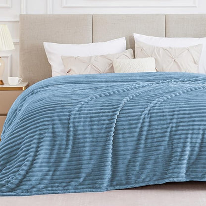 BEDELITE Blankets Queen Size for Bed, 300GSM Soft & Warm Fleece Blanket, Decorative and Giftable Striped Light Blue Blankets for Women, Men, 90"x90"