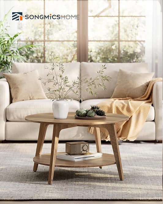 SONGMICS HOME Round Coffee Table, 2 Tier Living Room Center Table, Mid Century Modern Charm, Brown