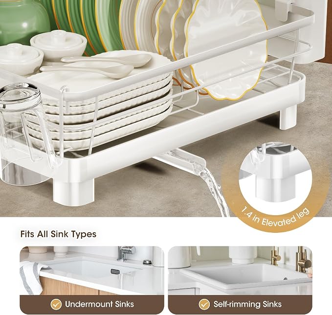 Runnatal Dish Drying Rack, Stainless Steel Dish Rack with Drainboard for Kitchen Counter and Sink, Detachable 2-in-1 Utensil Holder, Cup Holder, Large Capacity Dish Drainer, White