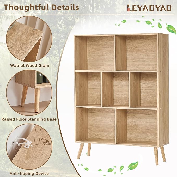 LEYAOYAO Cube Bookshelf 3 Tier Mid-Century Light Wood Modern Bookcase with Legs,Retro Wood Bookshelves Storage Organizer Shelf,Freestanding Open Book Shelves for Bedroom,Living Room,Office