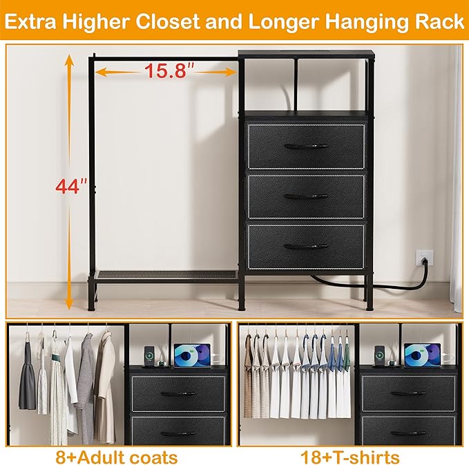 Dresser for Bedroom with Hanging Rack, 3 Drawers Closet with Charging Station, Faric Chest of Drawers with Clothes Rack, Storage Organzier for Hallway Entryway, Black