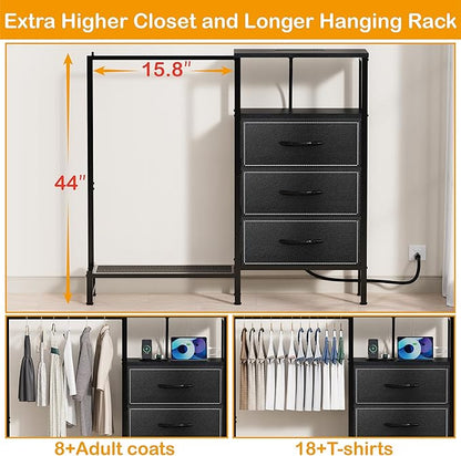 Dresser for Bedroom with Hanging Rack, 3 Drawers Closet with Charging Station, Faric Chest of Drawers with Clothes Rack, Storage Organzier for Hallway Entryway, Black