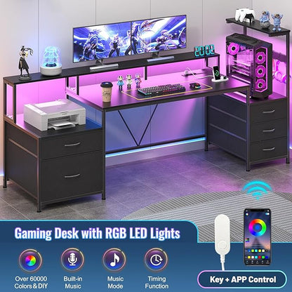 63" Gaming Desk with LED Lights & Outlets, Reversible Computer Desk with 5 Drawers & Printer Shelf, Gamer Desk Table with Storage Shelves & Monitor Stand, Black