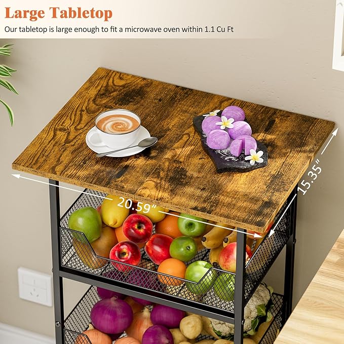 ThreeHio Rolling Kitchen Microwave Cart with Fruit Baskets, 4 Tier Microwave Table Stand with Storage, Kitchen Storge Shelf on Wheels Small Rolling Cart Organizer Rack for Pantry, Living Room