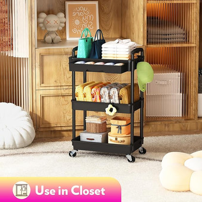 SUNALLY Makeup Cart Organizer with Drawers, Floor Skincare Organizers Vanity Storage Organizer, Rolling Makeup Bathroom Storage Cart Cosmetics Display Cases for Skin Care Perfume Nail Polish, Black