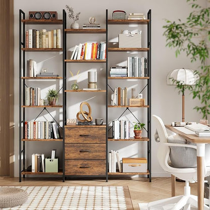 AFLUI Triple Bookshelf with 3 Fabric Drawers, 6-Tier Book Shelf and 10 Display Shelves, Industrial Large Bookcase for Home & Office, Rustic Brown, 47'' Wide