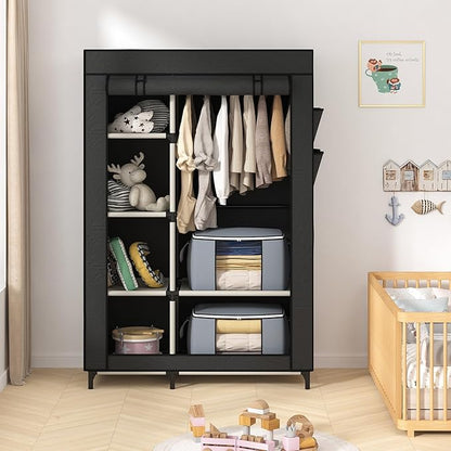 Calmootey Portable Closet, Wardrobe with 6 Shelves and Hanging Rod, Storage Organizer for Bedroom, Non-Woven Fabric Cover with 4 Side Pockets, Includes 2 Storage Bags for Clothes, Black
