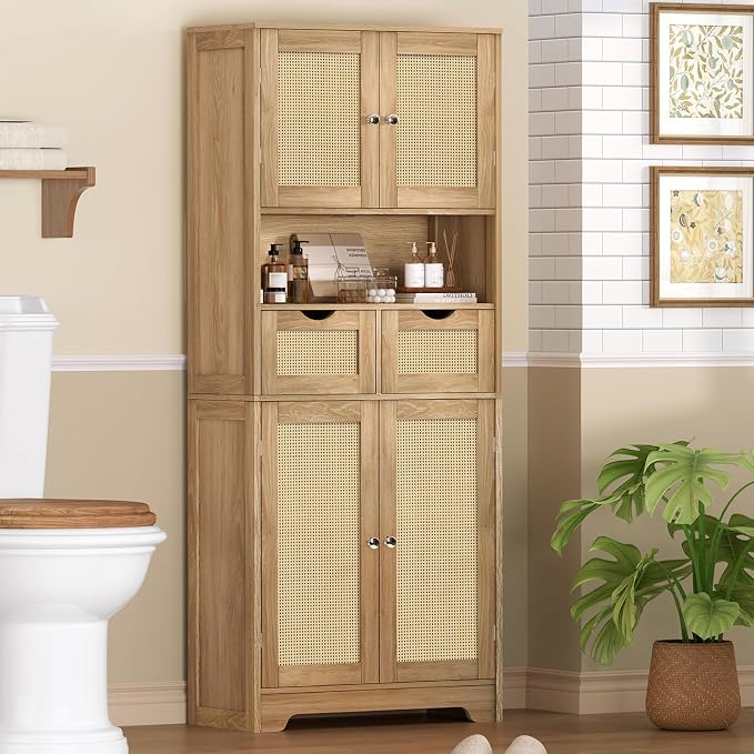 TEENFON 57.8" H Tall Storage Cabinet with 2 Drawers & 2 Adjustable Shelves, Rattan Cabinets with 4 Doors, Cupboard, Kitchen Cabinets, Pantry Cabinet, Tall Cabinet for Living Room, Entryway, Natural