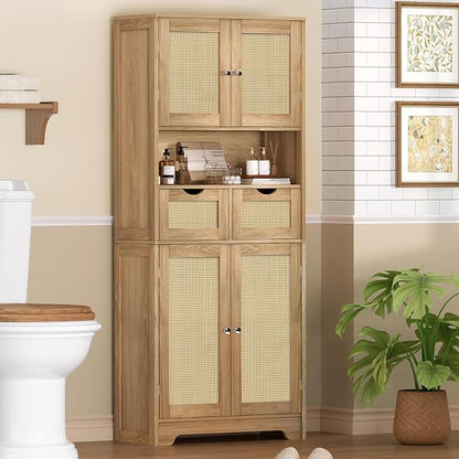 TEENFON 57.8" H Tall Storage Cabinet with 2 Drawers & 2 Adjustable Shelves, Rattan Cabinets with 4 Doors, Cupboard, Kitchen Cabinets, Pantry Cabinet, Tall Cabinet for Living Room, Entryway, Natural