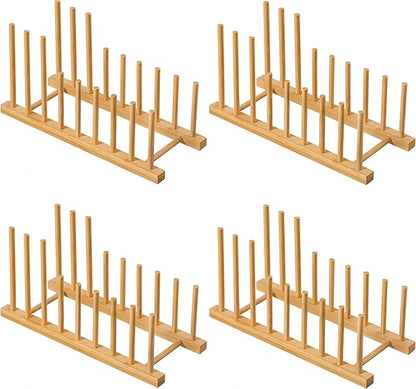 HBlife 4pcs Heighten and Widen Bamboo Dish Drying Rack Plate Bowl Cup Book Pot Lid Cutting Board Stand Drainer Storage Holder Organizer for Kitchen Cabinet