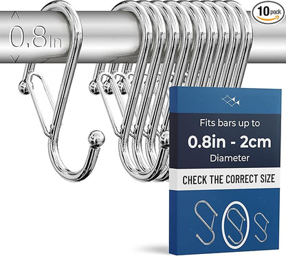 10-Pack Metal S Hooks for Hanging – Heavy-Duty S-Shaped Hook with Safety Buckle – Fits Bars up to 0.8 In – Anti-Drop S-Hooks for Kitchen, Bathroom, Closet & Pot Racks – Silver (Medium)