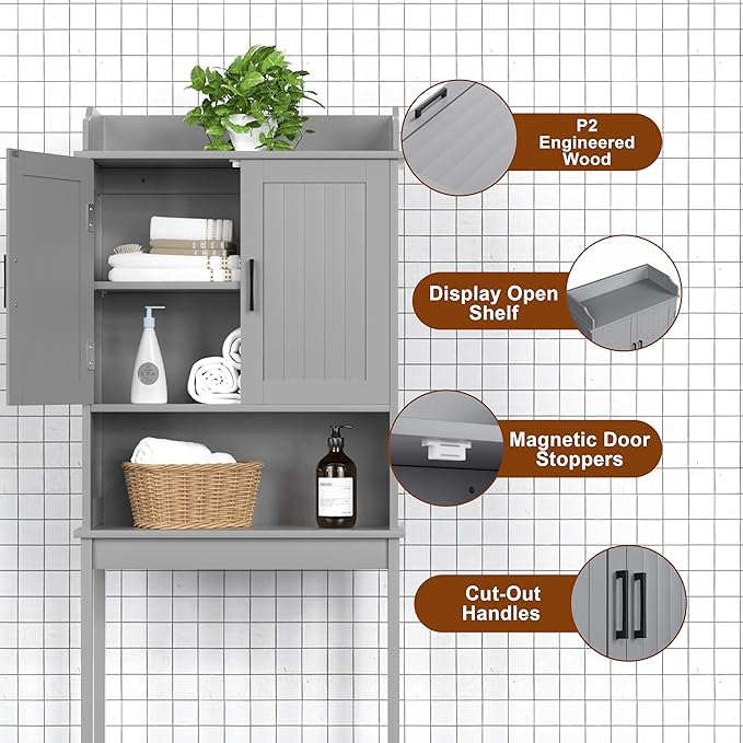 VEIKOU Over The Toilet Rack for Bathroom, Freestanding Over The Toilet Storage, Bathroom Cabinet Over Toilet w/Adjustable Shelf & Storage Rack, Grey