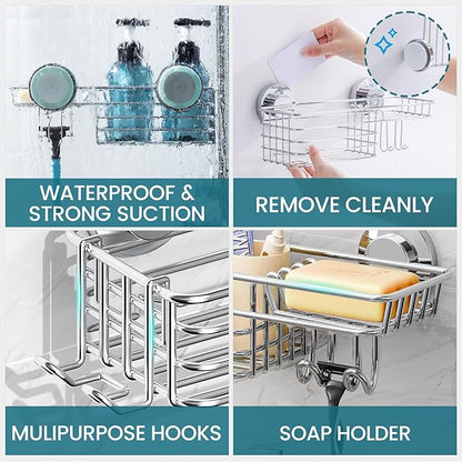 TAILI Shower Caddy Suction Cup with Hooks & Soap Holder, Heavy Duty Bathroom Shower Organizers, Removable Bathroom Shelves for Inside,Stainless Steel Bathroom Holder