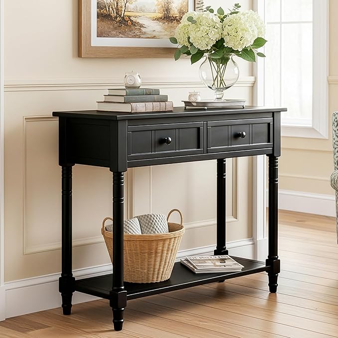 Knocbel Antique Entry Console Table with 2 Drawers & Bottom Open Shelf, Wood Sofa Tables for Entryway Hallway Living Room, 35.34" W x 13.8" D x 30.25" H, Black