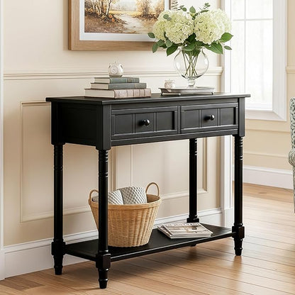 Knocbel Antique Entry Console Table with 2 Drawers & Bottom Open Shelf, Wood Sofa Tables for Entryway Hallway Living Room, 35.34" W x 13.8" D x 30.25" H, Black