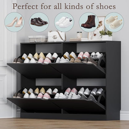 BORNOON Shoe Cabinet with 4 Flip Drawers, Narrow Hidden Shoe Storage Cabinet, Slim Freestanding Shoe Rack Organizer for Entryway, Hallway, Bedroom, Living Room