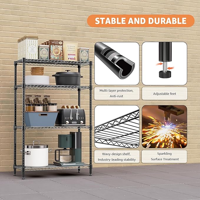 M MZG 1400 lbs 4 Tier Storage Rack Metal Wire Shelving Unit, Storage Standing Household Shelf Organizer for Kitchen Pantry Closet Garage Basement Utility Room, Black 15.8" D x 45.3" W x 59.4" H