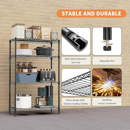 M MZG 1400 lbs 4 Tier Storage Rack Metal Wire Shelving Unit, Storage Standing Household Shelf Organizer for Kitchen Pantry Closet Garage Basement Utility Room, Black 15.8" D x 45.3" W x 59.4" H