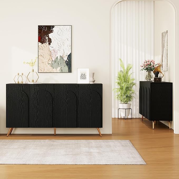 59" Accent Cabinet with 4 Door, Modern Decorative Storage Cabinet with 3D Carved Doors, Sideboard Buffet Cabinets with Adjustable Shelves, Credenza for Living Room,Entryway,Dining Room, Black