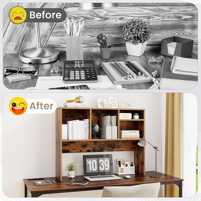 LDAILY Desktop Bookshelf, 2-Tier Office Desk Shelf Organizer with 4 Shelves, 37’’L Wood Storage Rack Display Shelf for Computer Desk, Office, Dorm, Bedroom (Coffee)