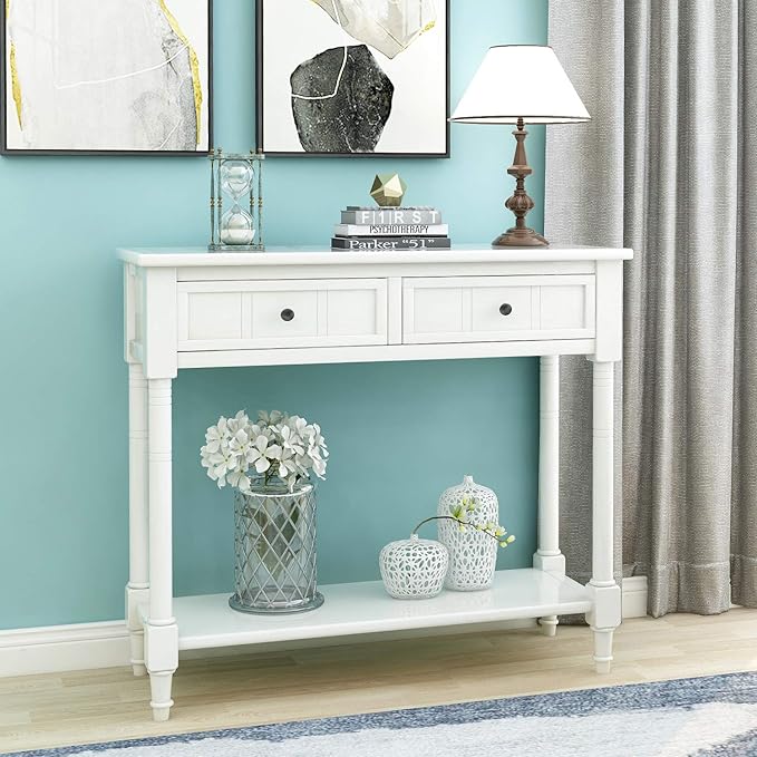 Knocbel 35.5 Inch Antique Entry Console Table with Drawers & Bottom Open Shelf, Solid Wood Sofa Couch Table for Entryway Hallway Living Room (Ivory White)