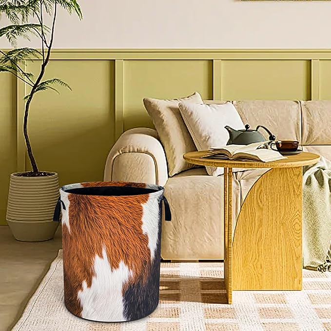 Brown Cow Print Laundry Basket Funny Skin Hair Foldable Waterproof Oxford Cloth Tote Bag Laundry Hamper Large Clothes Storage Bucket Toy Organizer For Bathroom/Laundry Storage/Bedroom 18.9x16.5 Inch