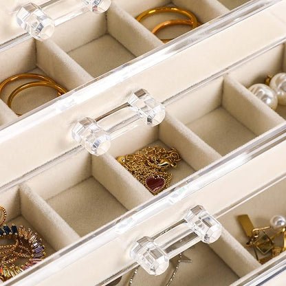 Frebeauty Acrylic Jewelry Organizer Earring Organizer Box with 5 Drawers Earring Holder Organizer with Velvet Trays Clear Jewelry Box for Women Earring Display for Rings Studs(Beige)