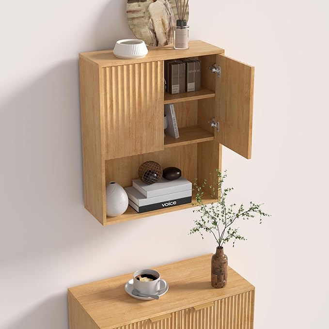 Fluted Bathroom Wall Cabinet Over The Toilet Storage,Wall Mounted Cabinet with Adjustable Shelf,Floating Cabinet Organizer Hanging Cabinet,Kitchen and Laundry Room Cabinets (Oak, 1 PC)