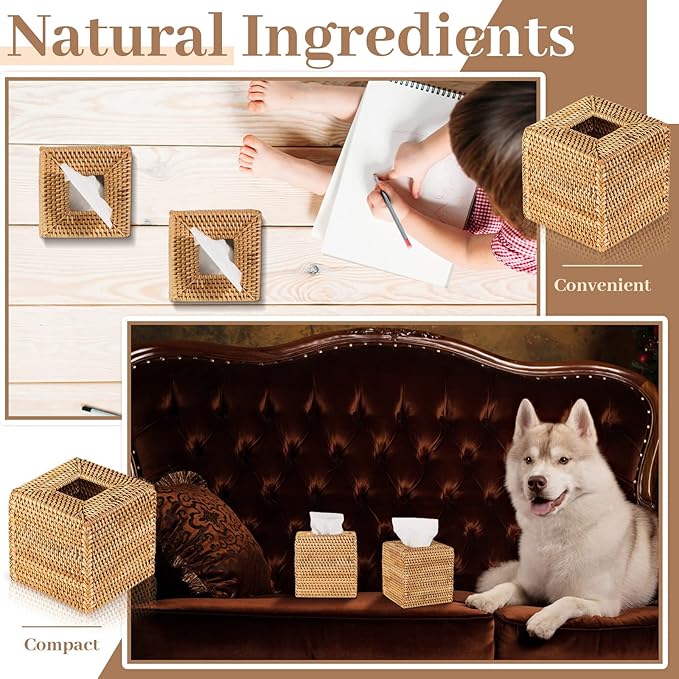 Kigley 2 Pcs Square Rattan Tissue Box Cover Boho Wicker Tissue Cube Box Cover 5.5'' x 5.5'' x 5.5'' Decorative Natural Wicker Hand Woven Napkin Box Holder Bathroom Office Car Accessories (Wood)
