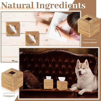 Kigley 2 Pcs Square Rattan Tissue Box Cover Boho Wicker Tissue Cube Box Cover 5.5'' x 5.5'' x 5.5'' Decorative Natural Wicker Hand Woven Napkin Box Holder Bathroom Office Car Accessories (Wood)