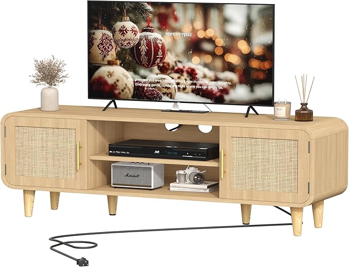 Keehusux Rattan TV Stand for 60 Inch TV, Entertainment Center with Charging Station & Solid Wood Legs, Adjustable Shelf & 2 Cabinet, Boho TV Console, Modern Media Console for Living Room, Natural Oak
