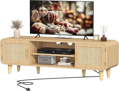 Keehusux Rattan TV Stand for 60 Inch TV, Entertainment Center with Charging Station & Solid Wood Legs, Adjustable Shelf & 2 Cabinet, Boho TV Console, Modern Media Console for Living Room, Natural Oak