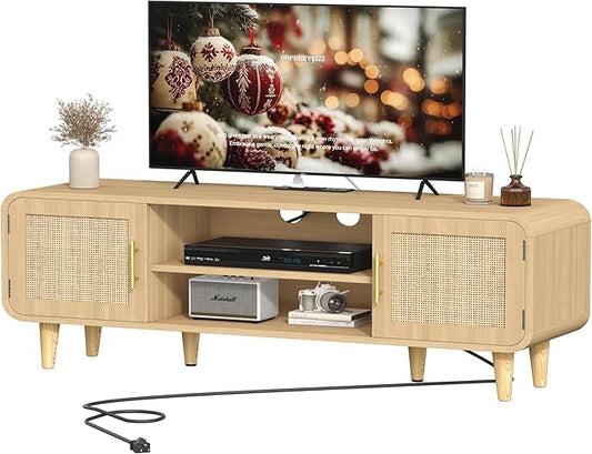 Keehusux Rattan TV Stand for 60 Inch TV, Entertainment Center with Charging Station & Solid Wood Legs, Adjustable Shelf & 2 Cabinet, Boho TV Console, Modern Media Console for Living Room, Natural Oak