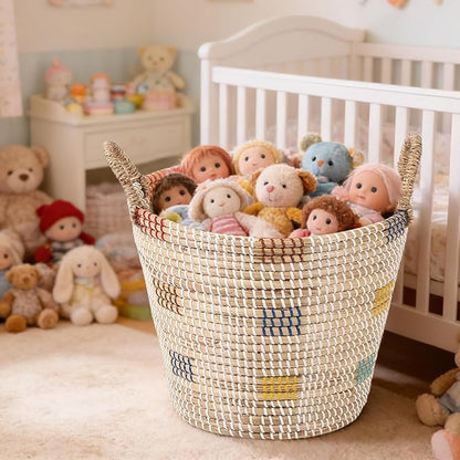 3 Pack Seagrass Storage Baskets for Organizing, Large Storage Bin with Handles, Woven Blanket Basket, Living Room Bedroom Laundry Room Home Decor for Toys Clothes Shoes Plant