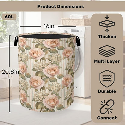 Shabby Chic Rose Laundry Basket - Heavy Duty 60L Dirty Clothes Organizer, Water Resistant Foldable Hamper for Men Women