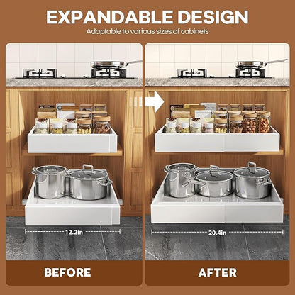 Seinloes 2 Pack Expandable Pull Out Cabinet Organizer 16.5"Deep with Raising Pad for Framed Cabinets,Upgrade 3 Slide Rails Slide Out Drawers,Roll Out Shelves Adhesive,Adjustable Width 12.2"-20.4"White